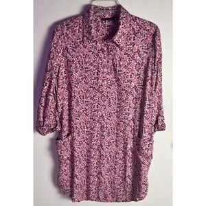 M‎ & S Collection Floral Knee Length Shirt Dress Roll Tab Sleeve Sz 16 US L